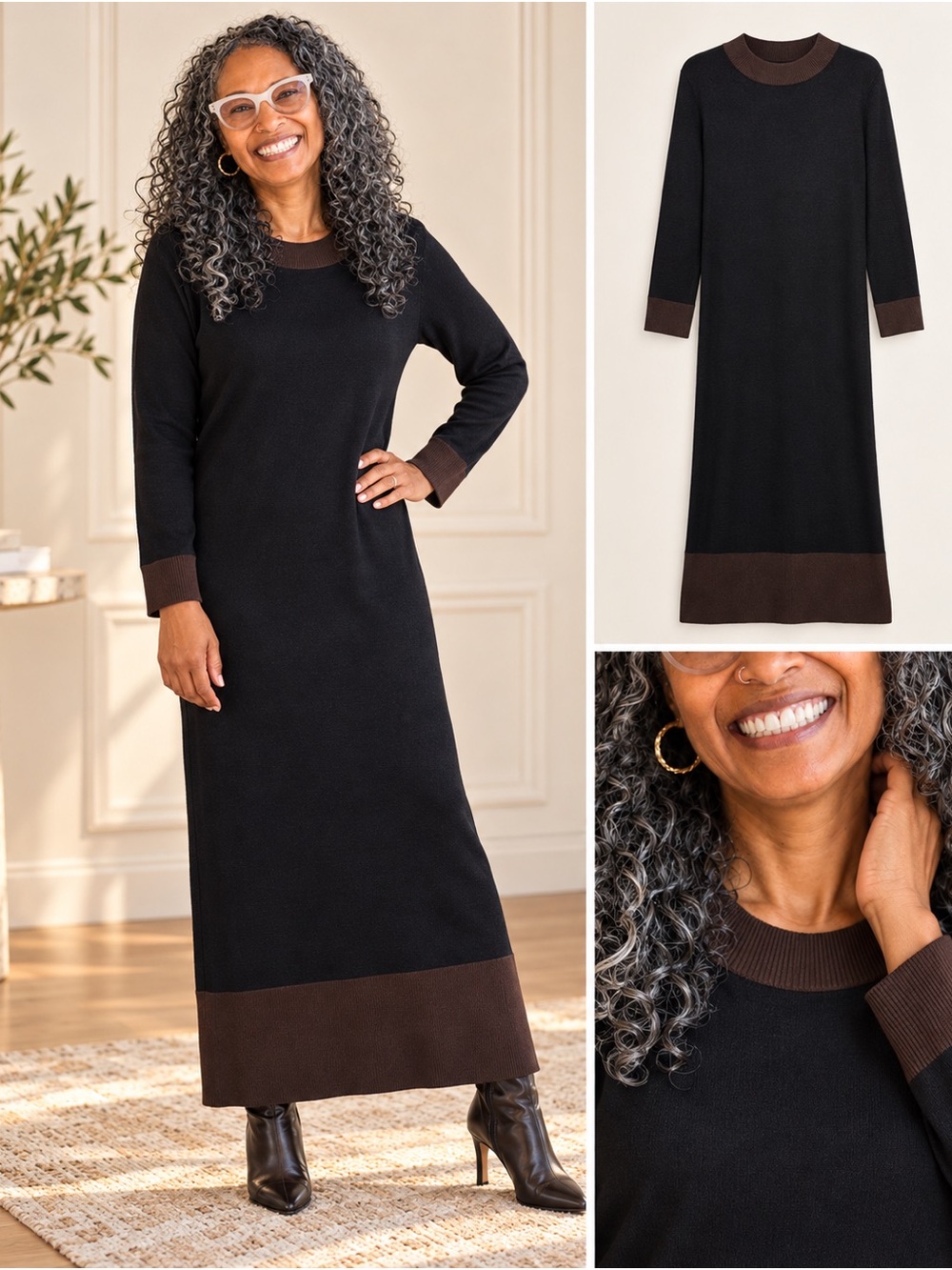 Nina Leonard Long Sleeve Black Maxi Dress with Brown Trim XS